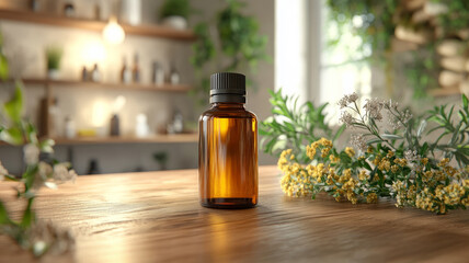 Amber bottle of essential oil on wooden table with herbs.