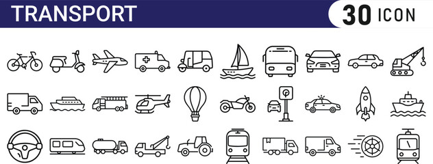 Transport icon set. Containing car, bike, plane, train, bicycle, motorbike, bus and scooter icons. transport icon collection