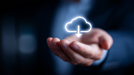 An illuminated cloud icon hovering above an open palm, encapsulating the promise of on-demand digital power and the human accessibility of modern cloud computing services.
