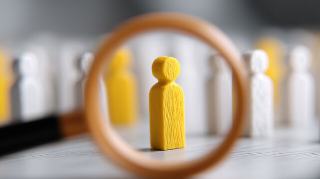 A magnifying glass isolating a yellow user icon amid scattered tokens, embodying the analytical depth required to discover hidden potential within vast pools of people data.
