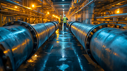 Industrial pipeline with workers in a factory setting.