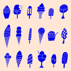 Hand drawn Ice cream silhouette icons set isolated. Ice cream cones, popsicle, sundae and bars vector silhouettes collection, Blue doodle set