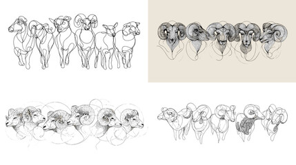 Detailed hand-drawn sketches of rams and sheep heads in various angles and expressions&mdash;great for agricultural, animal, or zodiac-themed illustrations.

