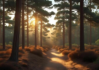 Forest trail surrounded by tall pine trees with morning sunlight filtering through the branches
