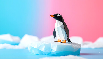 Obraz premium A stylized penguin stands on an ice floe against a colorful background, showcasing a blend of geometric shapes and vibrant colors
