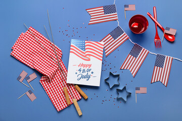 USA flags, greeting card with text HAPPY 4TH JULY and barbecue skewers on blue background....