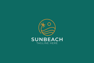 Obraz premium Sun Beach and Palm Tree Logo Badge Illustration Linear Minimalist Style