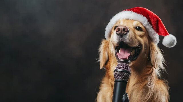 Golden retriever dog wearing santa claus hat singing christmas carols into microphone
