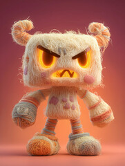 Grumpy 3D monster character made of yarn with glowing eyes and horns