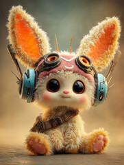 Cute furry animal character with big ears wearing pilot goggles and headphones