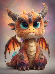 Cute and grumpy baby dragon character with big blue eyes