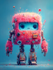 Adorable fluffy pink robot character with big blue eyes