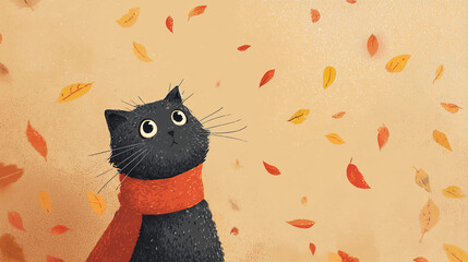 Cute Cat Autumn Leaves Illustration Background Wallpaper