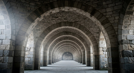 Obraz premium Long corridor of repeating medieval stone arches creating a sense of infinite perspective