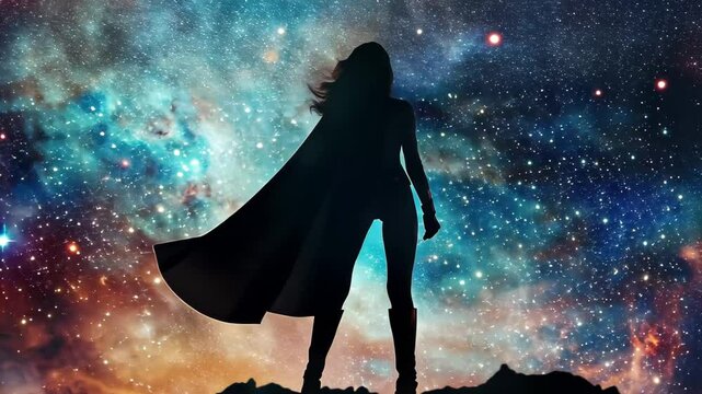 Woman superhero stands confidently against a vibrant galaxy background showcasing cosmic colors and stars, woman superhero stand with galaxy background video