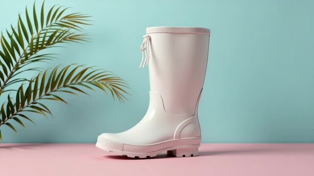 A single white rubber rain boot stands on a pink surface with a green plant in the background and a blue wall.