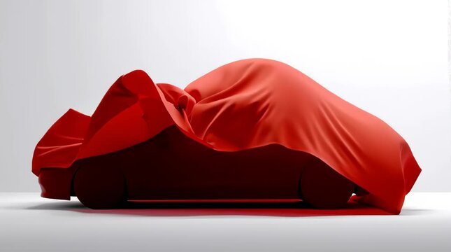 Red covered car render reveals mystery in a bright studio with a white background