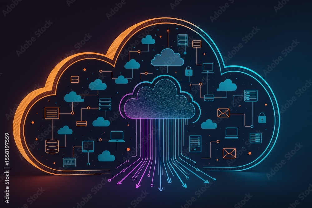 Fototapete Cloud Data Visualization: A captivating digital representation of a cloud, interconnected with lines and icons, symbolizes the vast network and data storage of modern technology. 