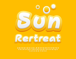 Vector Touristic poster Sun Retreat. Summer White and Yellow Font. Modern Festive Alphabet Letters and Numbers set.