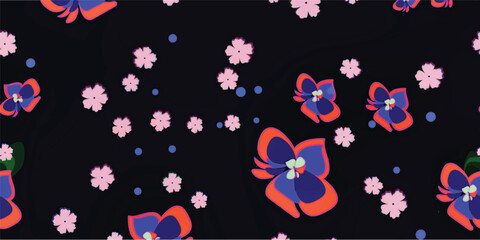 Blooming flowers on black background. Abstract seamless pattern, Vector illustration
