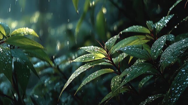 Tropical Rain Lush Green Foliage Sparkling With Raindrops in Forest. - Powered by Adobe