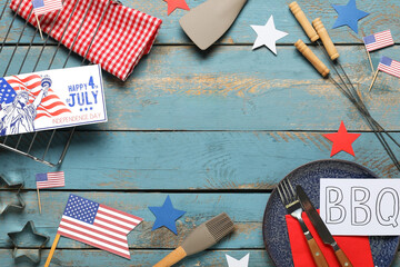Frame made of USA flag, greeting card with text HAPPY 4TH OF JULY, paper sheet with letters BBQ and...