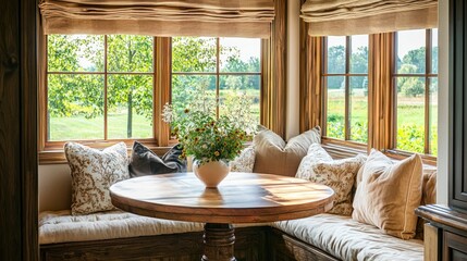 Fototapeta premium A small, cozy breakfast nook with a round wooden table