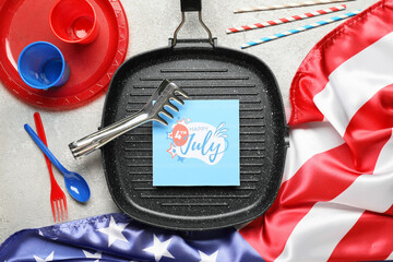 USA flag, greeting card with text HAPPY 4TH JULY and barbecue utensils on white grunge background....