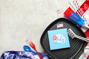 USA flag, greeting card with text HAPPY 4TH JULY and barbecue utensils on white grunge background....