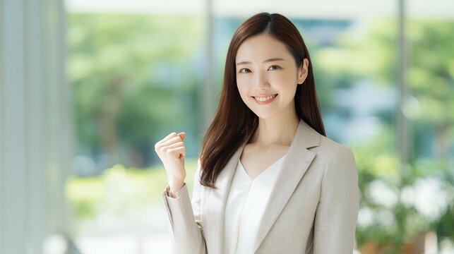 自然光の中で微笑むスーツ姿のビジネスウーマン