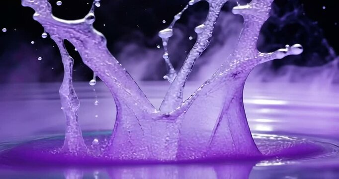 Vibrant purple splash in water with mist, showcasing dynamic movement and color contrast