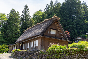 合掌造りの古民家と新緑に包まれた日本の田園風景