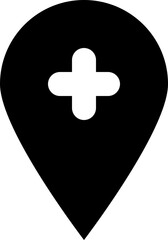 Filled Black Location Pin with Plus Sign Sharp Map Marker Vector Icon