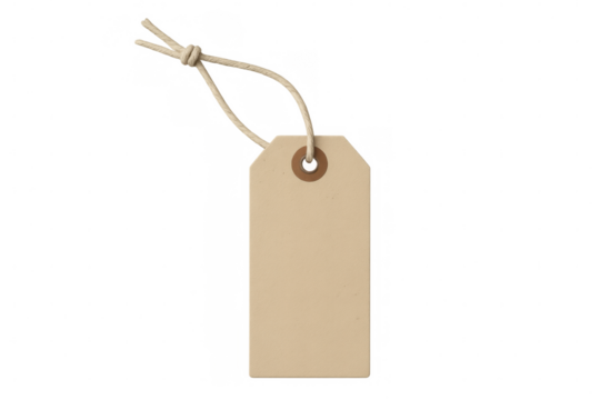 Beige blank tag dangling from knotted twine, suspended against transparent surface, ready for personalized labeling and branding applications