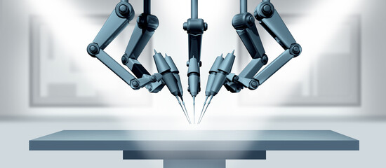 Surgical Robots and Robot Operation as computer guided AI Surgery Concept and advanced medical robotics in a hospital operating room.