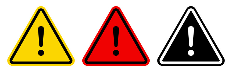 Set of caution and warning triangle icons with exclamation marks. Includes yellow, red, and black versions. Suitable for alerts, hazards, errors, and safety warning designs.