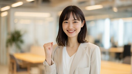明るい笑顔でガッツポーズする若い女性