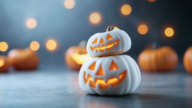halloween concept. Two stacked white jack-o'-lantern pumpkins glow with candlelight against a blurred background of orange lights and pumpkins.