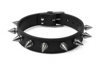 Black leather studded dog collar with metal spikes and buckle on transparent background, ideal for pets or as a fashion accessory