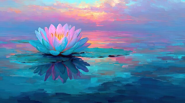Emotional healing with inner peace and wellness journey concept. A serene water lily reflecting in calm waters at sunset.