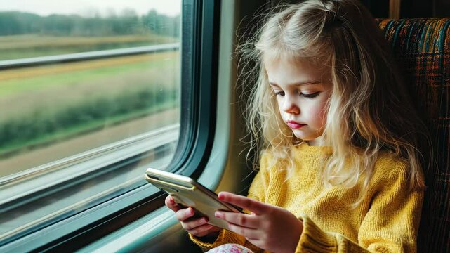 Young girl enjoying a smartphone game on a train journey through scenic countryside, Kid girl play smartphone application game while going in a train transport sitting by the window
