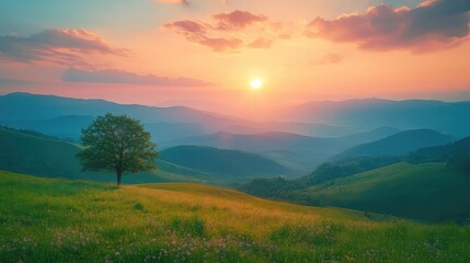 Tranquil rural landscape at sunrise, with a tree standing in green meadows and colorful clouds in the sky, capturing the peaceful beauty of morning in nature.