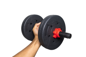 male hand holding black dumbbell isolated on white background