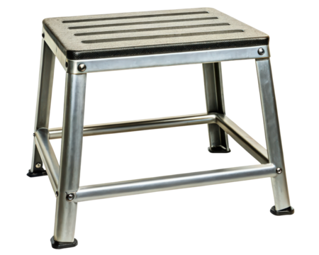 Heavy-duty metal step stool with a non-slip rubber top on a transparent background