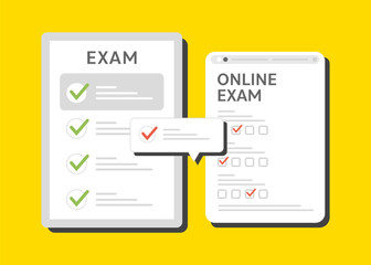 Online and paper exam sheets with check marks, representing digital education and school testing