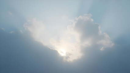 Dramatic sky with sun rays piercing through the clouds creating a celestial effect