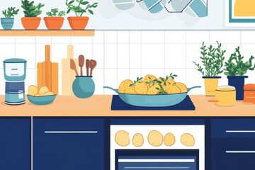 Bright and Inviting Kitchen Scene with Fresh Ingredients, Pots of Herbs, and Cooking Utensils on a Blue and Wood Countertop, Perfect for Culinary Inspiration
