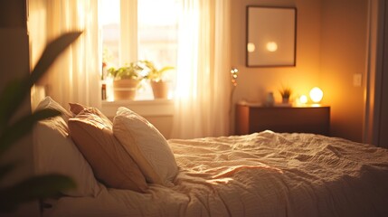 A soft-lit bedroom with a thick comforter and warm tones