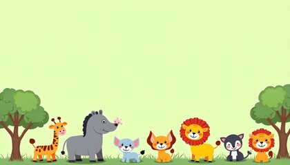 Fototapeta premium Colorful cartoon jungle friends surround an empty banner space
