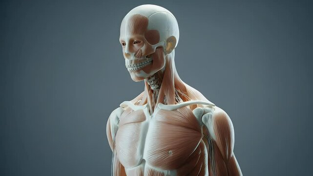 Human anatomy detailed 3 d model of upper body musculature and skeleton